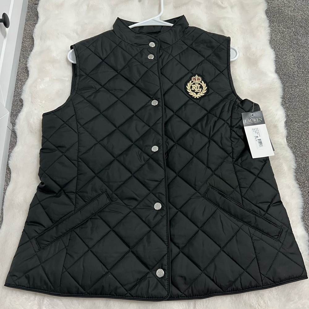 Ralph Lauren Black Quilted Vest with Gold Emblem